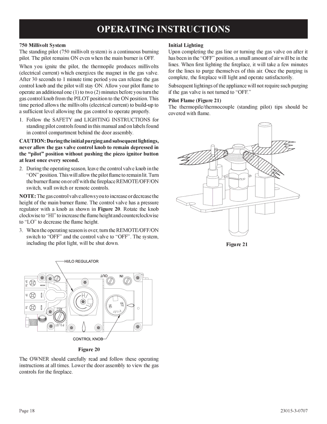 Empire Comfort Systems DV25IN33L, DV33IN33L Operating Instructions, Millivolt System, Initial Lighting, Pilot Flame Figure 