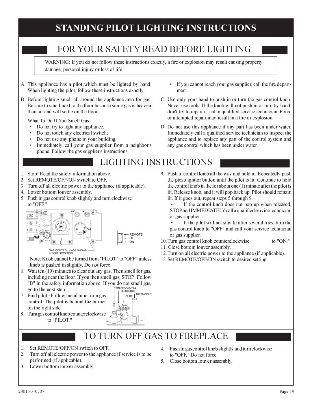 Empire Comfort Systems DV33IN33L, DV25IN33L Standing Pilot Lighting Instructions, For Your Safety Read Before Lighting 