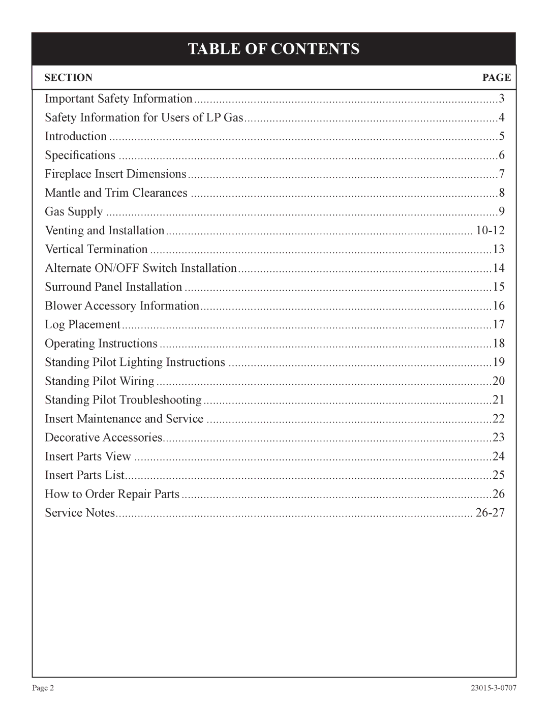 Empire Comfort Systems DV35IN33L, DV25IN33L, DV33IN33L installation instructions Table of Contents 