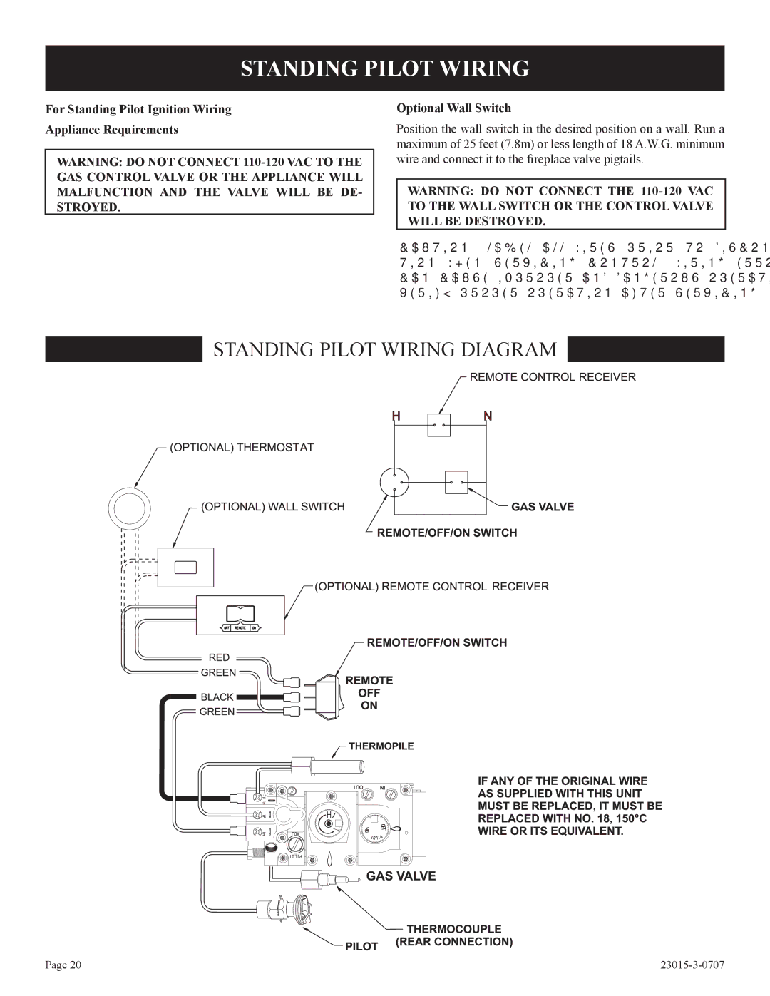 Empire Comfort Systems DV35IN33L, DV25IN33L, DV33IN33L installation instructions Standing Pilot Wiring 