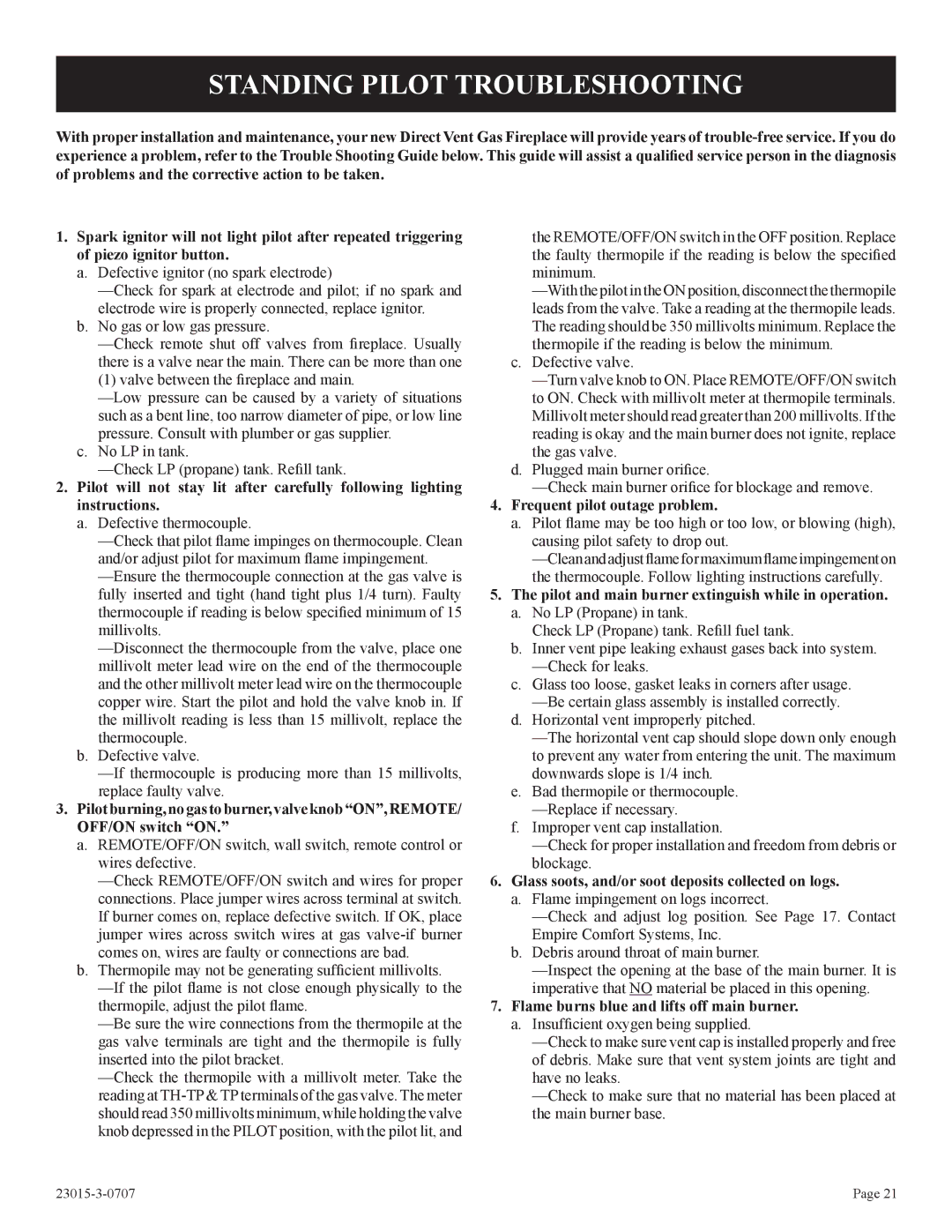 Empire Comfort Systems DV25IN33L, DV33IN33L, DV35IN33L Standing Pilot Troubleshooting, Frequent pilot outage problem 