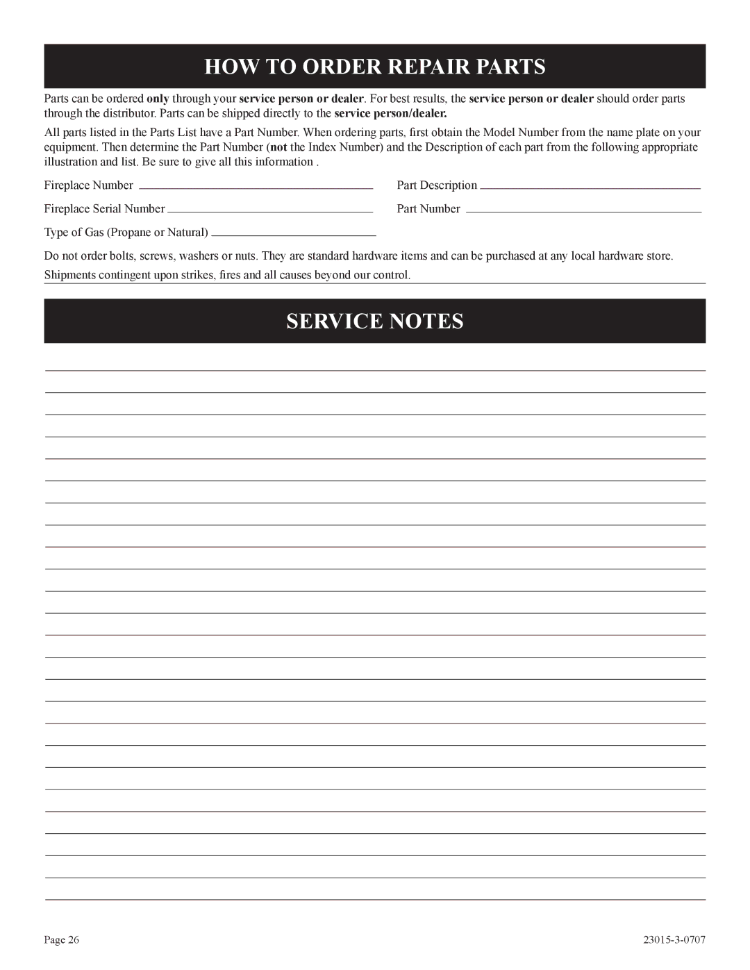 Empire Comfort Systems DV35IN33L, DV25IN33L, DV33IN33L installation instructions HOW to Order Repair Parts, Service Notes 