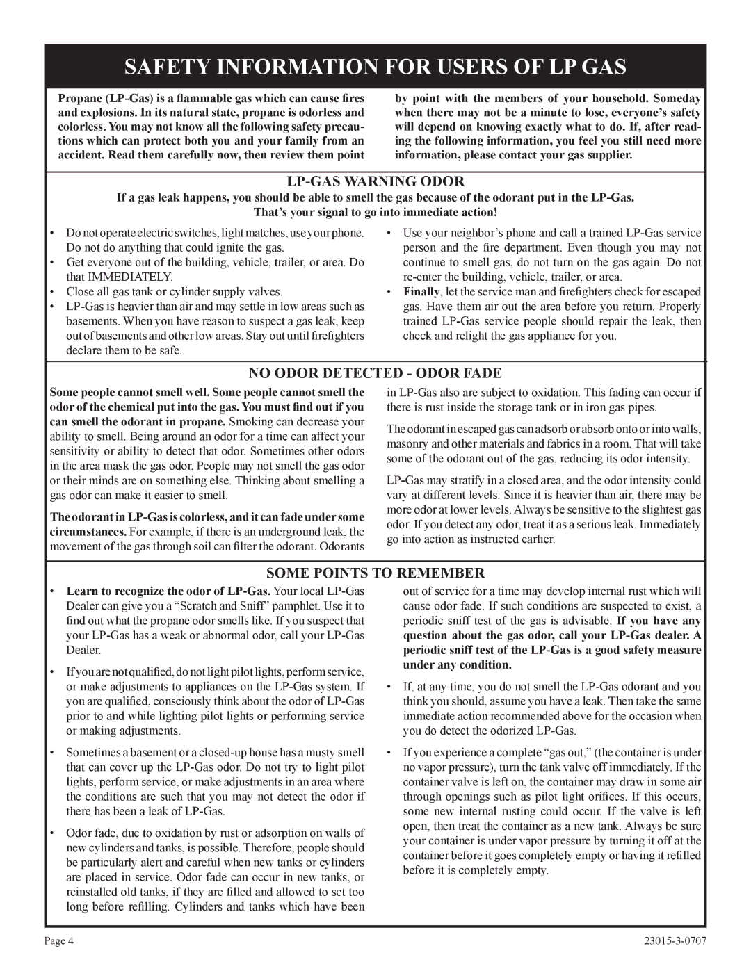 Empire Comfort Systems DV33IN33L, DV25IN33L, DV35IN33L Safety Information for Users of LP GAS, LP-GAS Warning Odor 