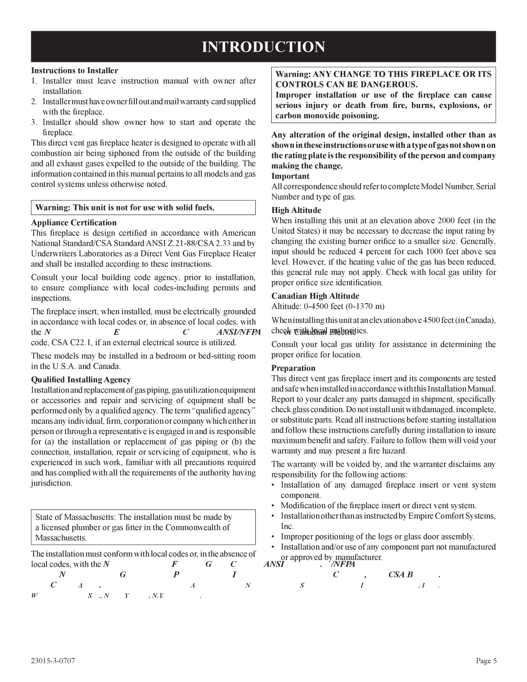 Empire Comfort Systems DV35IN33L, DV25IN33L, DV33IN33L installation instructions Introduction 