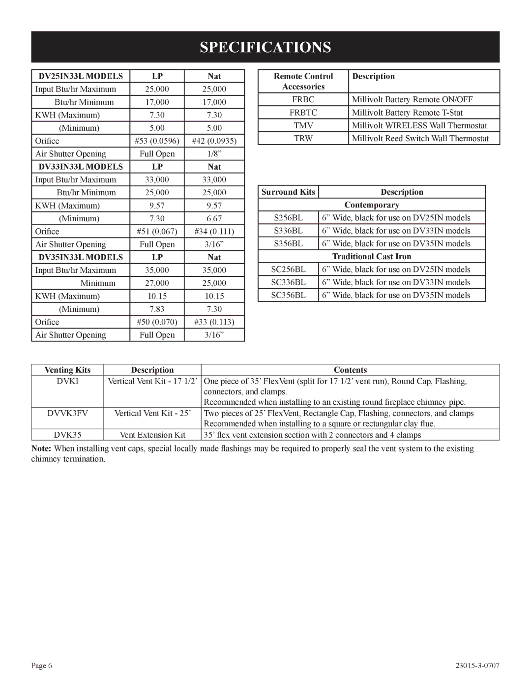 Empire Comfort Systems DV25IN33L, DV33IN33L, DV35IN33L installation instructions Specifications 