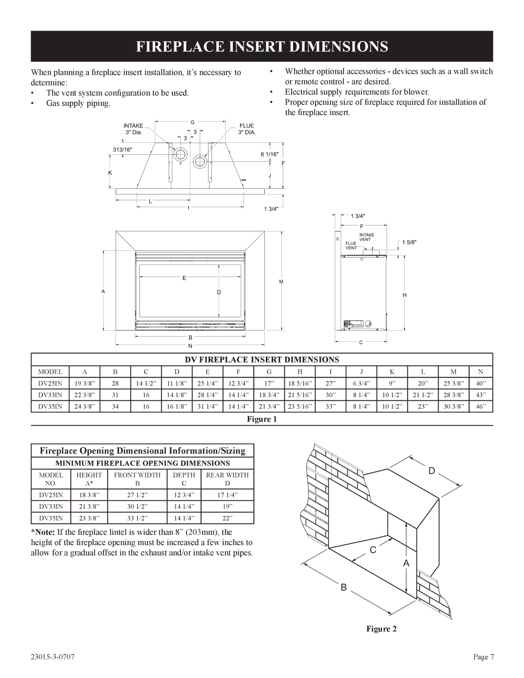 Empire Comfort Systems DV33IN33L, DV25IN33L, DV35IN33L installation instructions DV Fireplace Insert Dimensions 