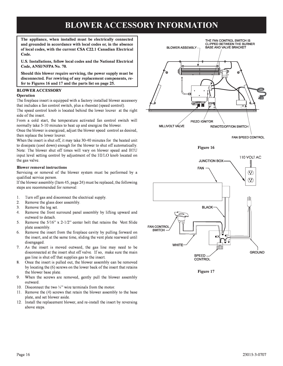 Empire Comfort Systems DV33IN33L Blower Accessory Information, BLOWER ACCESSORY Operation, Blower removal instructions 