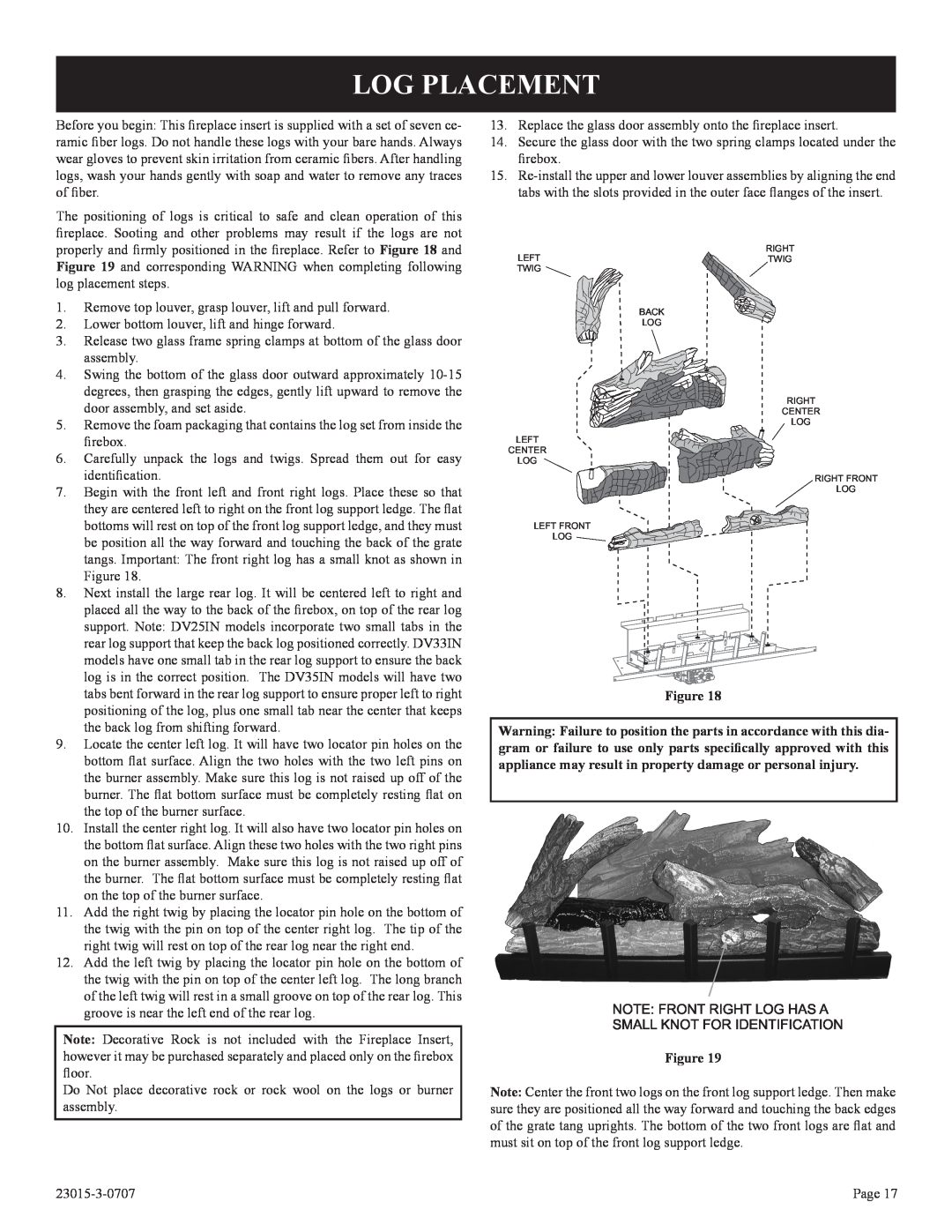 Empire Comfort Systems DV35IN33L, DV25IN33L, DV33IN33L installation instructions Log Placement 