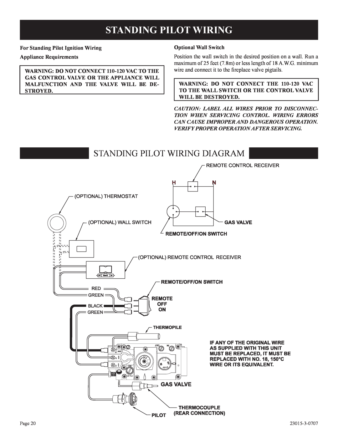 Empire Comfort Systems DV35IN33L, DV25IN33L, DV33IN33L installation instructions Standing Pilot Wiring Diagram 