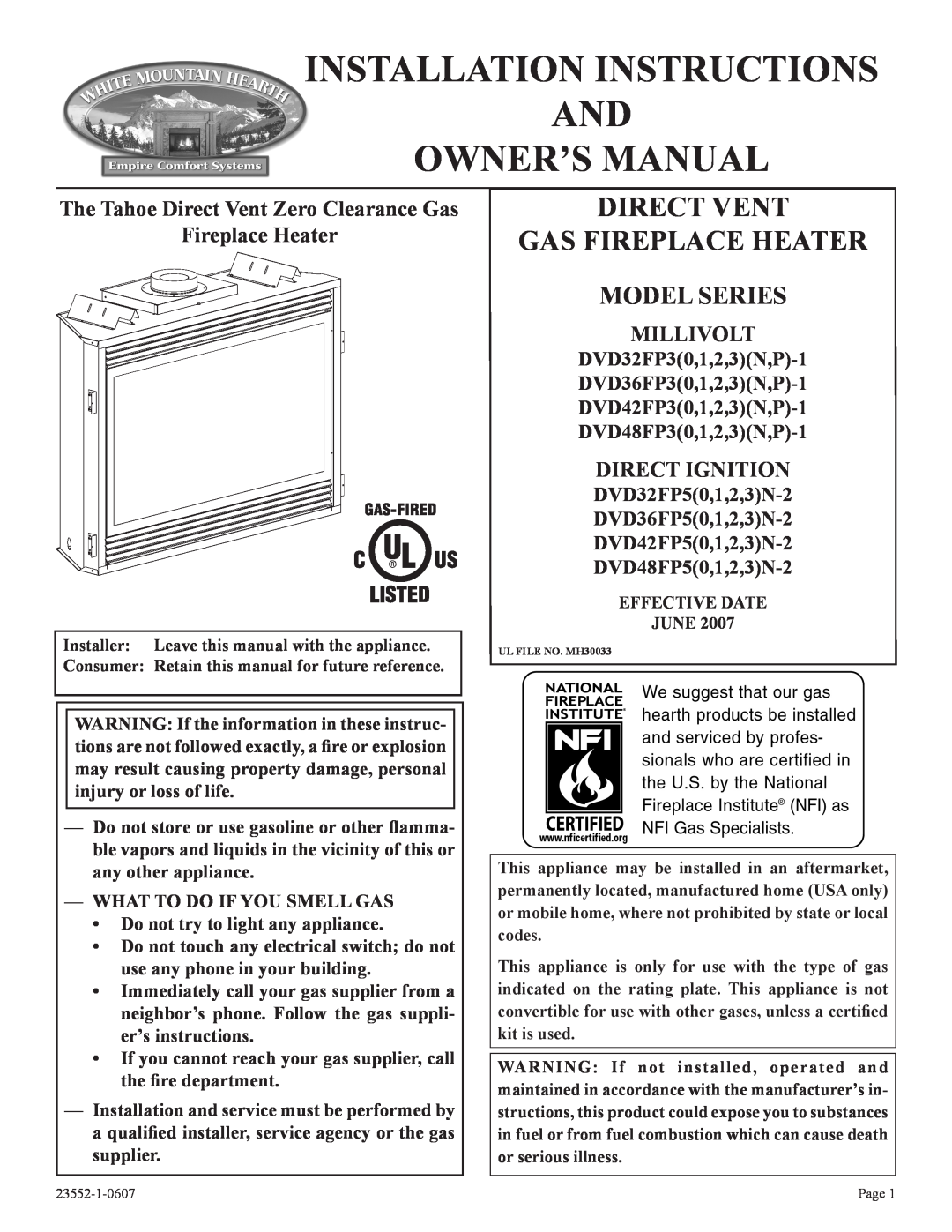 Empire Comfort Systems DVD48FP5 installation instructions The Tahoe Direct Vent Zero Clearance Gas, Fireplace Heater 