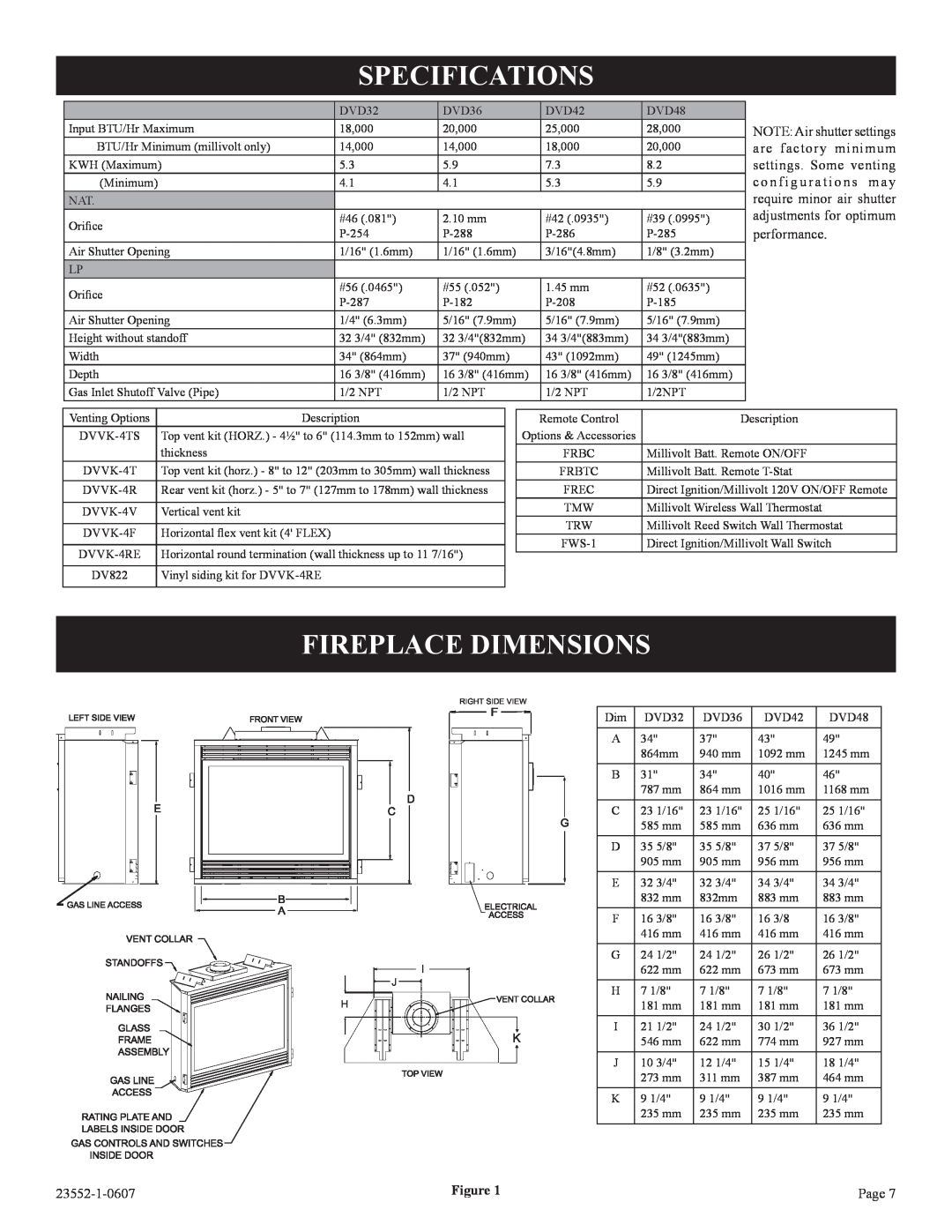 Empire Comfort Systems DVD48FP5, DVD42FP5, DVD48FP3 Specifications, Fireplace Dimensions, performance, 23552-1-0607, Page 