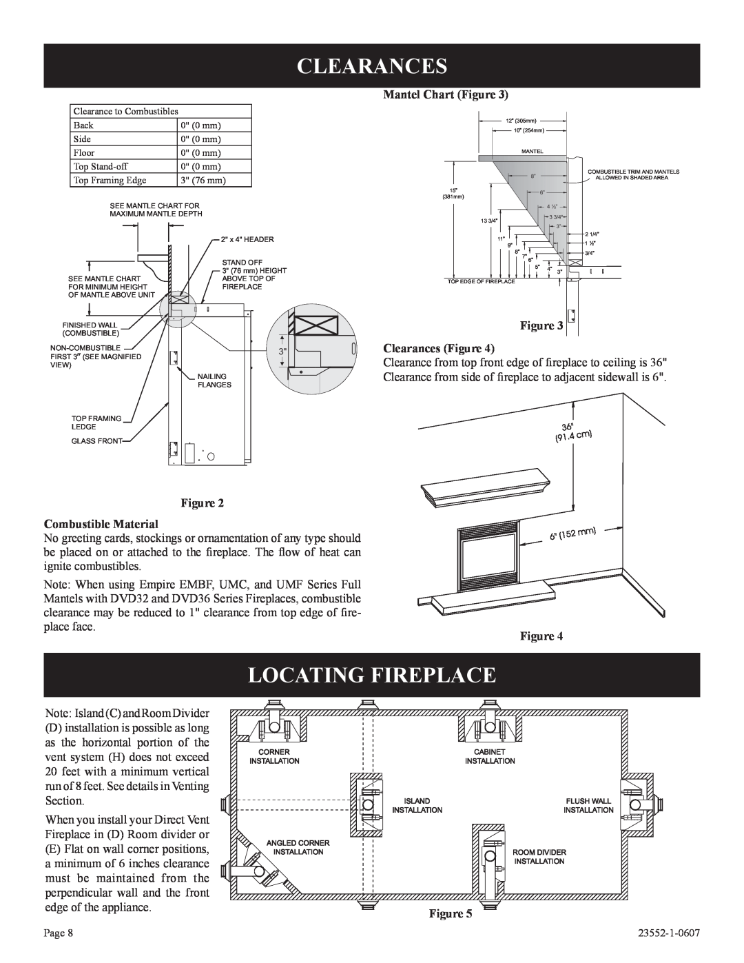 Empire Comfort Systems DVD48FP3, DVD42FP5, DVD48FP5 Locating Fireplace, Mantel Chart Figure, Figure Clearances Figure 