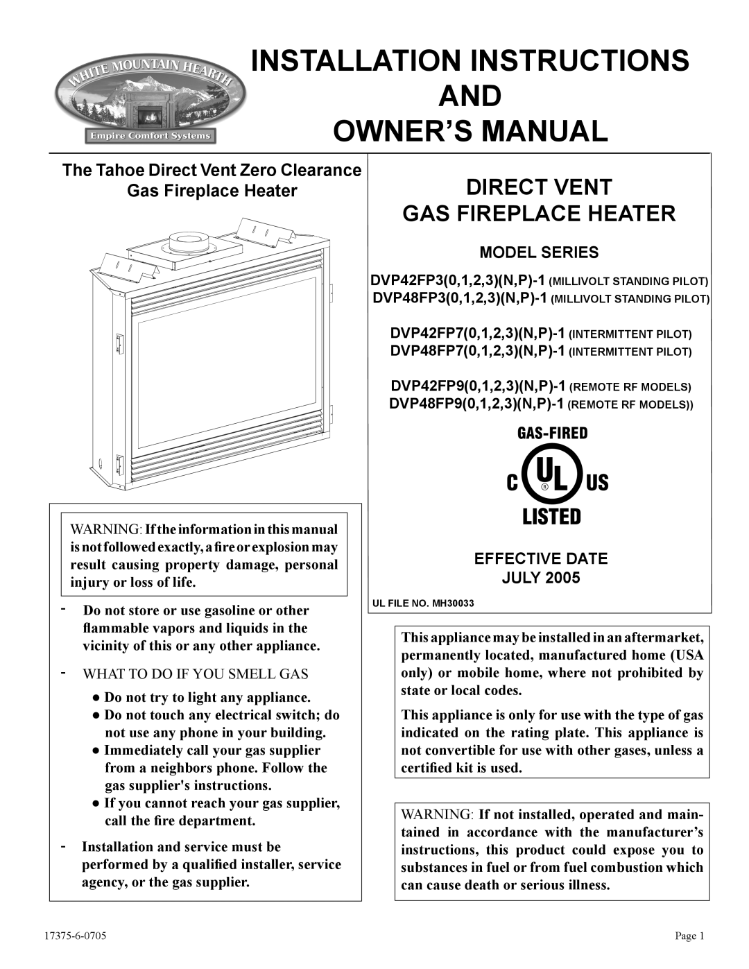 Empire Comfort Systems DVP48FP9, DVP48FP3, DVP42FP9, DVP48FP7, DVP42FP3 installation instructions Installation Instructions 