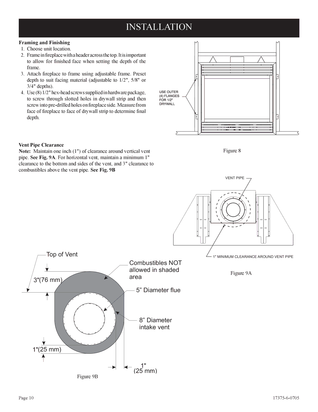 Empire Comfort Systems DVP42FP3, DVP48FP3, DVP48FP9, DVP42FP9 Installation, Framing and Finishing, Vent Pipe Clearance 