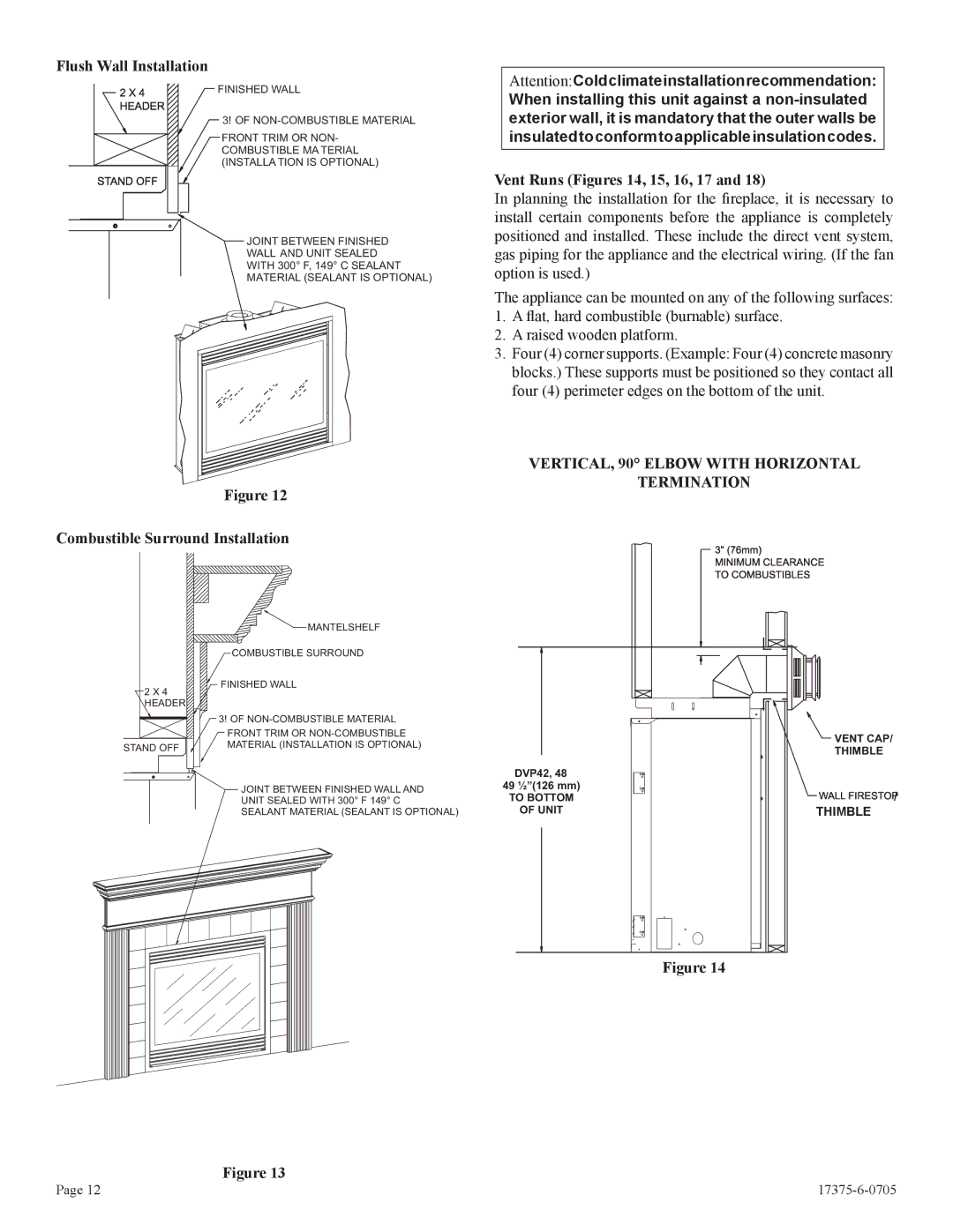 Empire Comfort Systems DVP48FP3, DVP48FP9, DVP42FP9, DVP48FP7 Flush Wall Installation, Combustible Surround Installation 