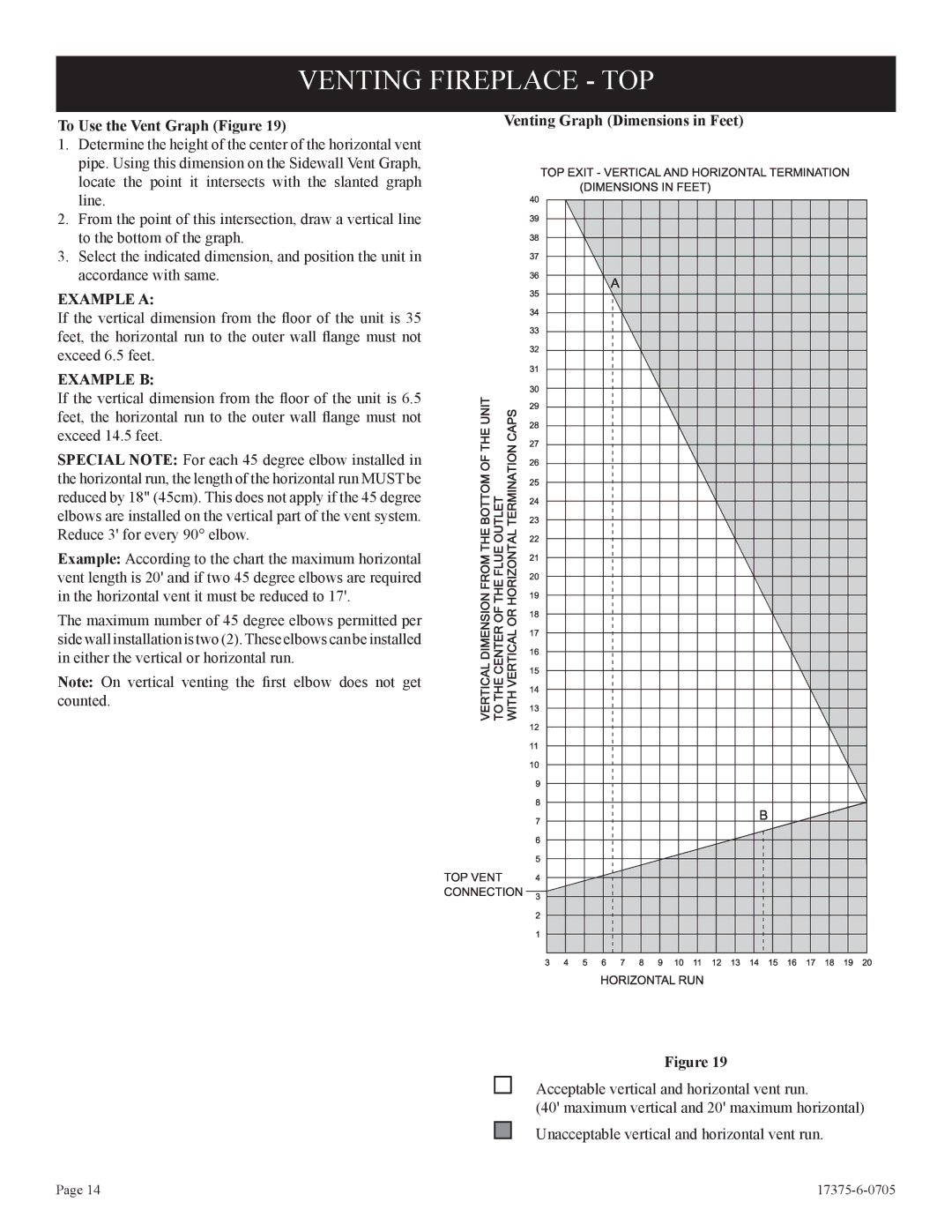 Empire Comfort Systems DVP42FP9, DVP48FP3 Venting Fireplace TOP, To Use the Vent Graph Figure, Example a, Example B 