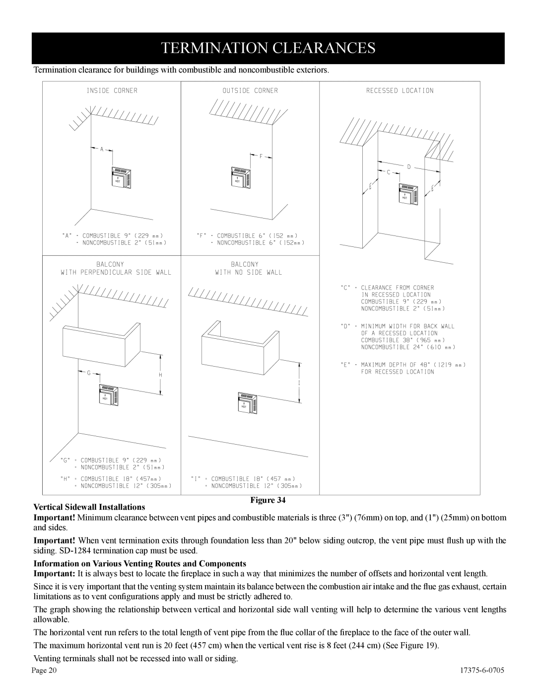 Empire Comfort Systems DVP42FP9, DVP48FP3, DVP48FP9, DVP48FP7 Termination Clearances, Vertical Sidewall Installations 