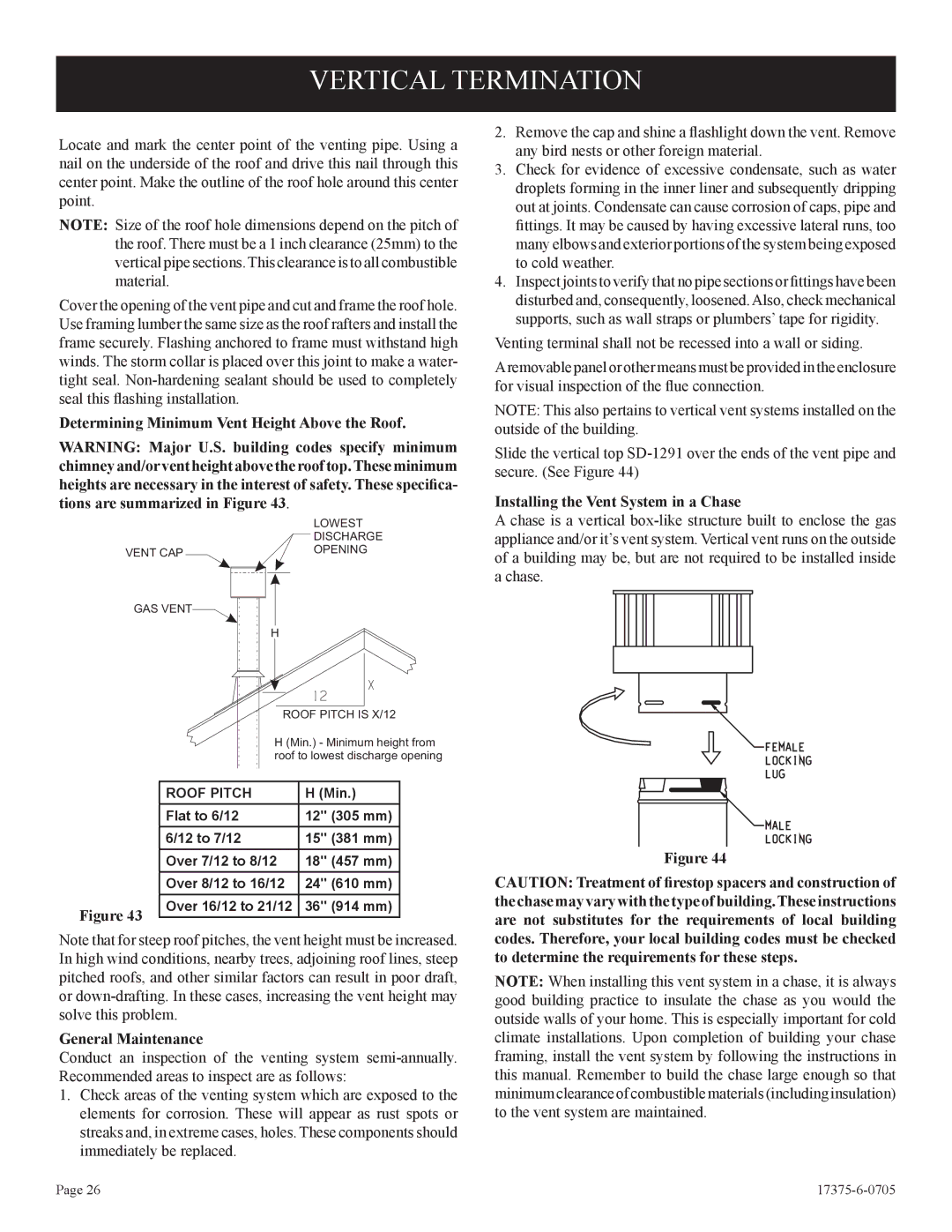 Empire Comfort Systems DVP42FP9 Vertical Termination, Determining Minimum Vent Height Above the Roof, General Maintenance 