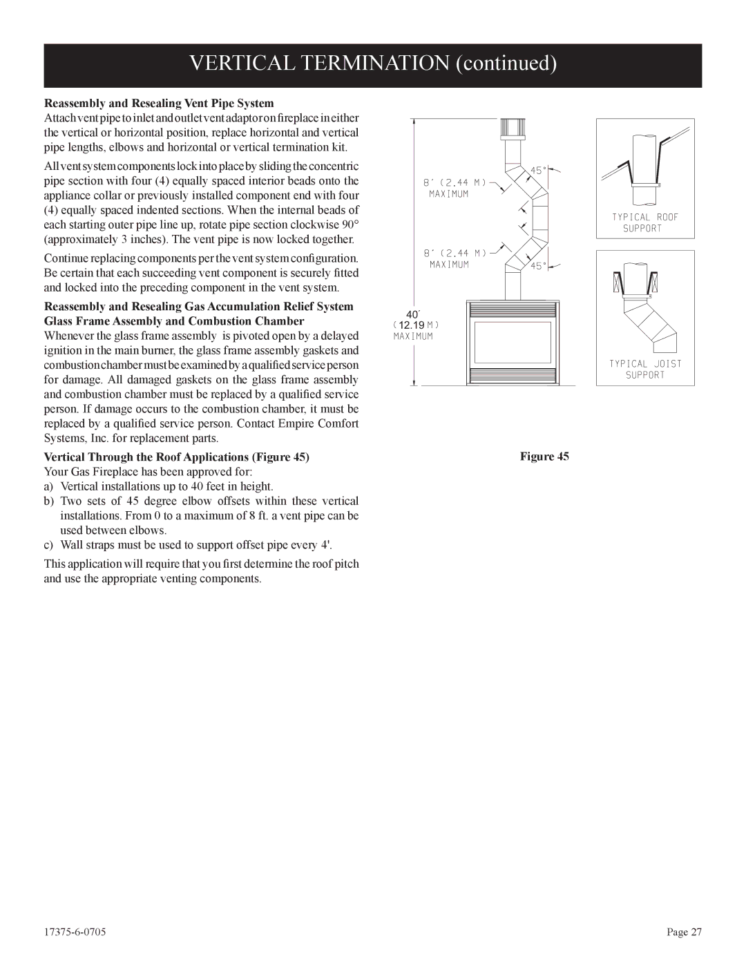 Empire Comfort Systems DVP48FP7, DVP48FP3, DVP48FP9 Vertical Termination, Reassembly and Resealing Vent Pipe System 