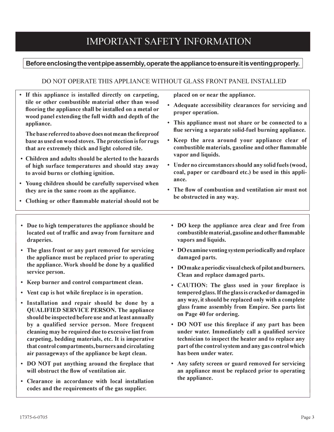 Empire Comfort Systems DVP48FP7, DVP48FP3, DVP48FP9, DVP42FP9, DVP42FP3, DVP42FP7 Important Safety Information 