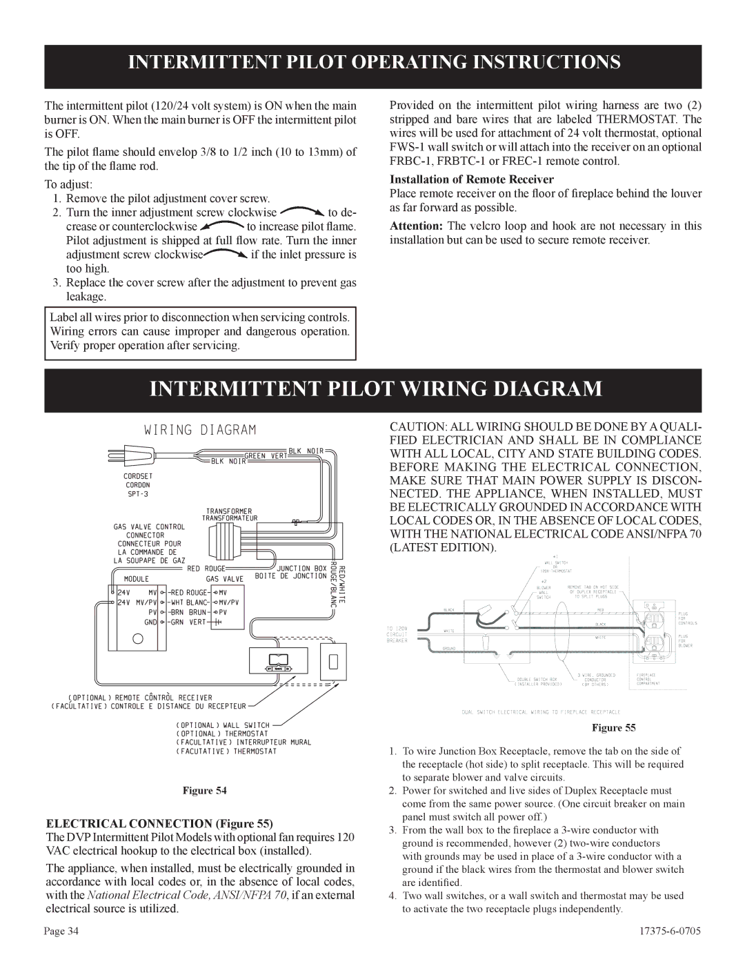 Empire Comfort Systems DVP42FP3, DVP48FP3, DVP48FP9 Intermittent Pilot Operating Instructions, Electrical Connection Figure 