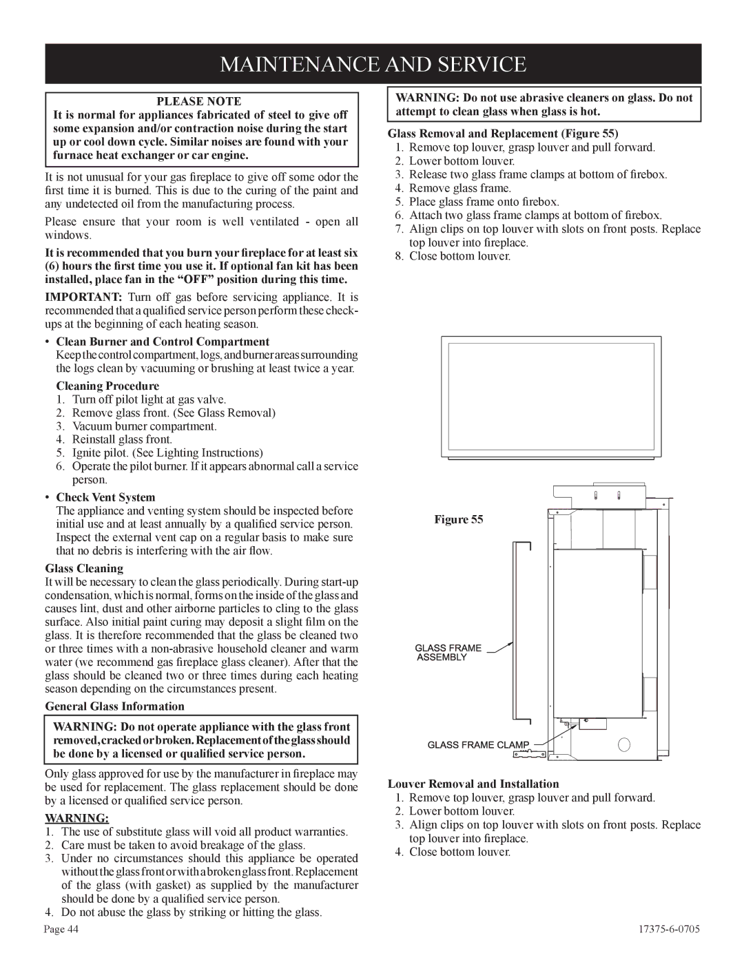 Empire Comfort Systems DVP42FP9, DVP48FP3, DVP48FP9, DVP48FP7, DVP42FP3, DVP42FP7 Maintenance and Service, Please Note 