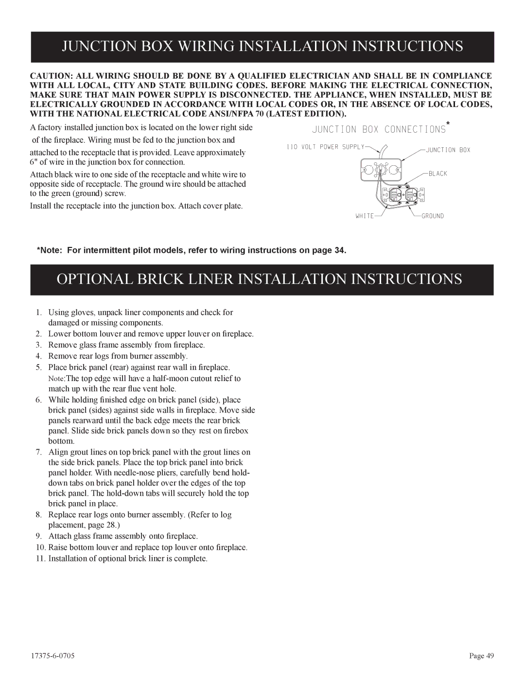 Empire Comfort Systems DVP48FP9, DVP48FP3, DVP42FP9, DVP48FP7, DVP42FP3 Junction BOX Wiring Installation Instructions 