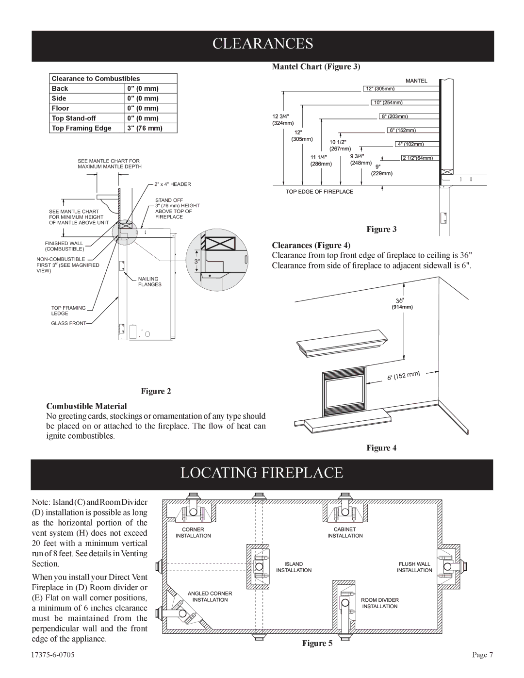 Empire Comfort Systems DVP48FP9 Locating Fireplace, Mantel Chart Figure, Clearances Figure, Combustible Material 