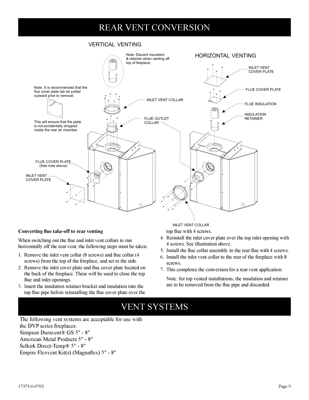 Empire Comfort Systems DVP48FP7, DVP48FP3 Rear Vent Conversion, Vent Systems, Converting ﬂue take-off to rear venting 