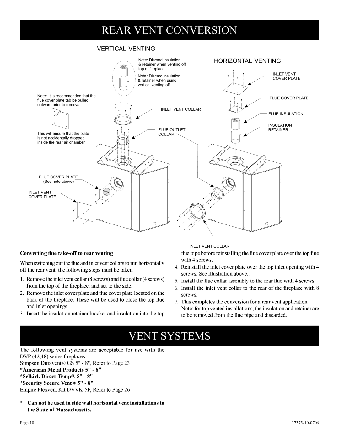 Empire Comfort Systems DVP42FP7(0,1,2,3)(N,P)-1 Rear Vent Conversion, Converting ﬂue take-off to rear venting 