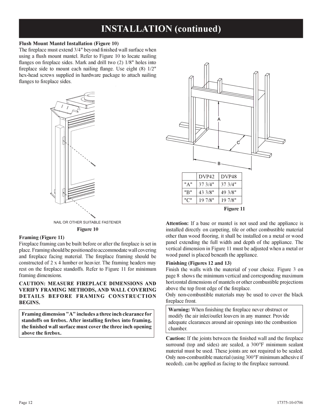 Empire Comfort Systems DVP48FP3(0,1,2,3)(N,P)-1 Flush Mount Mantel Installation Figure, Framing Figure 