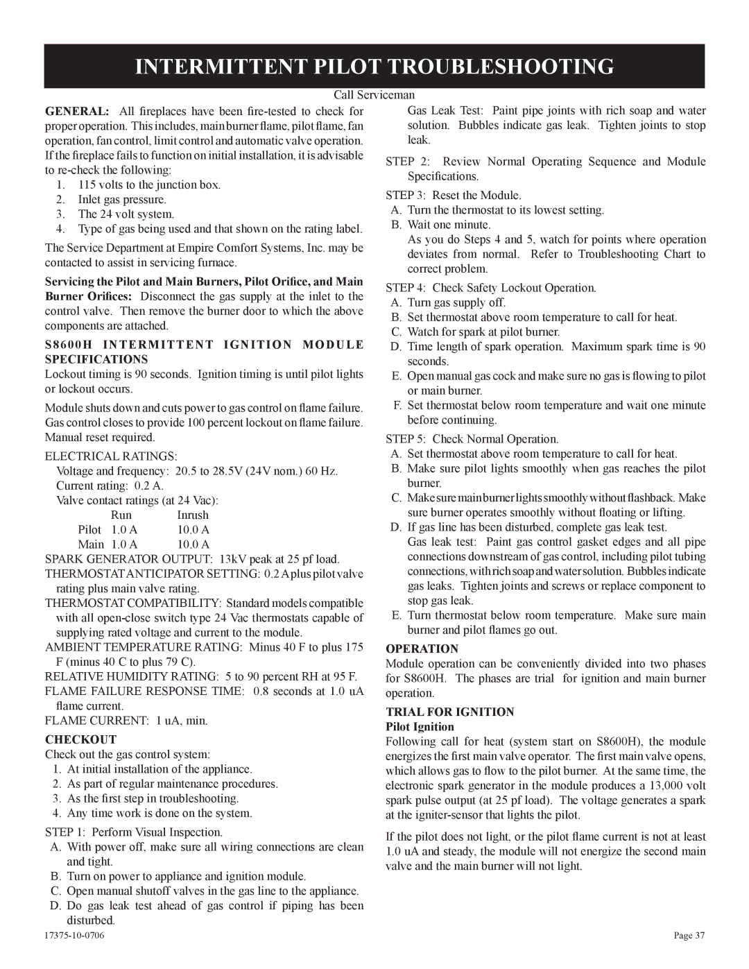 Empire Comfort Systems DVP48FP7(0,1,2,3)(N,P)-1 Intermittent Pilot Troubleshooting, Checkout, Operation 