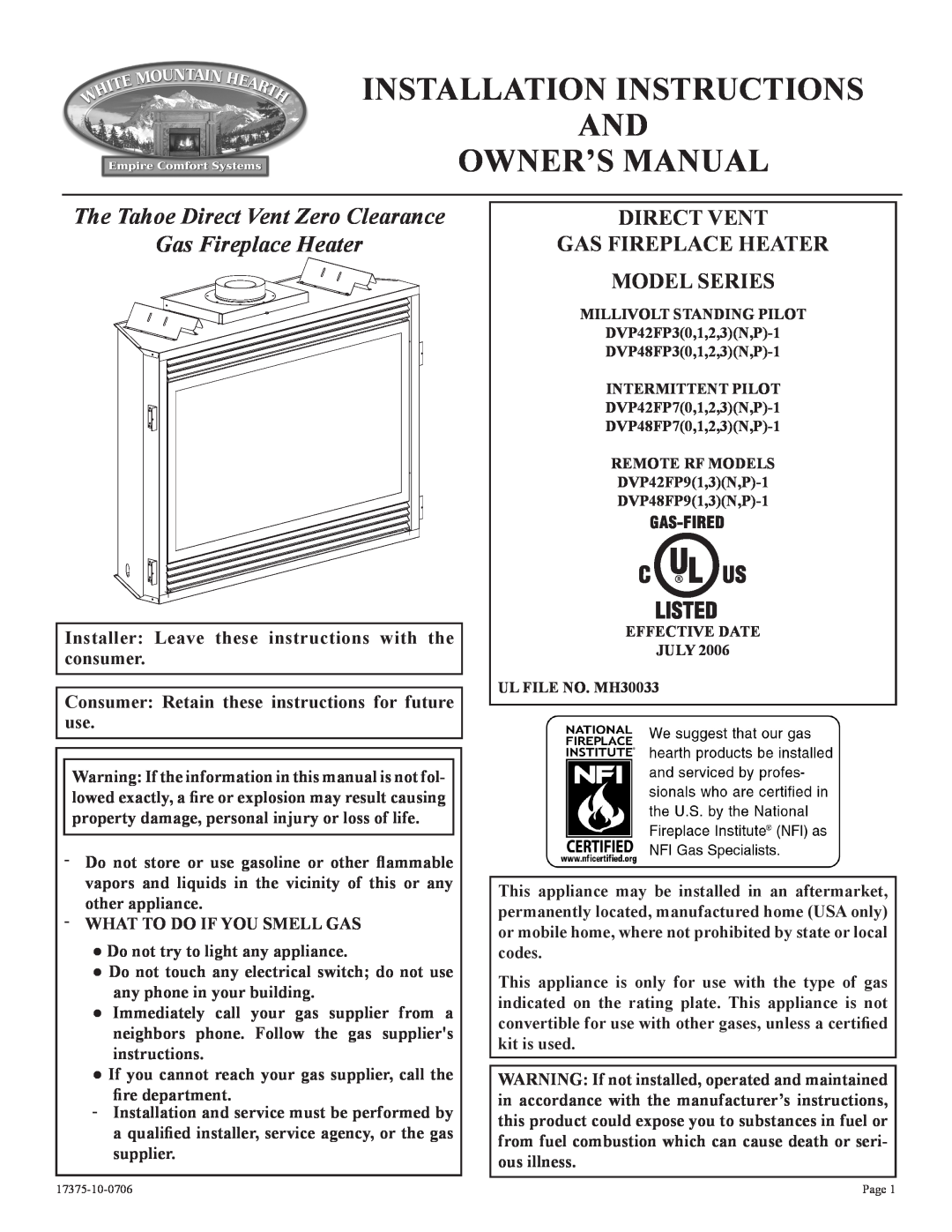 Empire Comfort Systems DVP48FP7(0,1,2,3)(N,P)-1 installation instructions The Tahoe Direct Vent Zero Clearance 