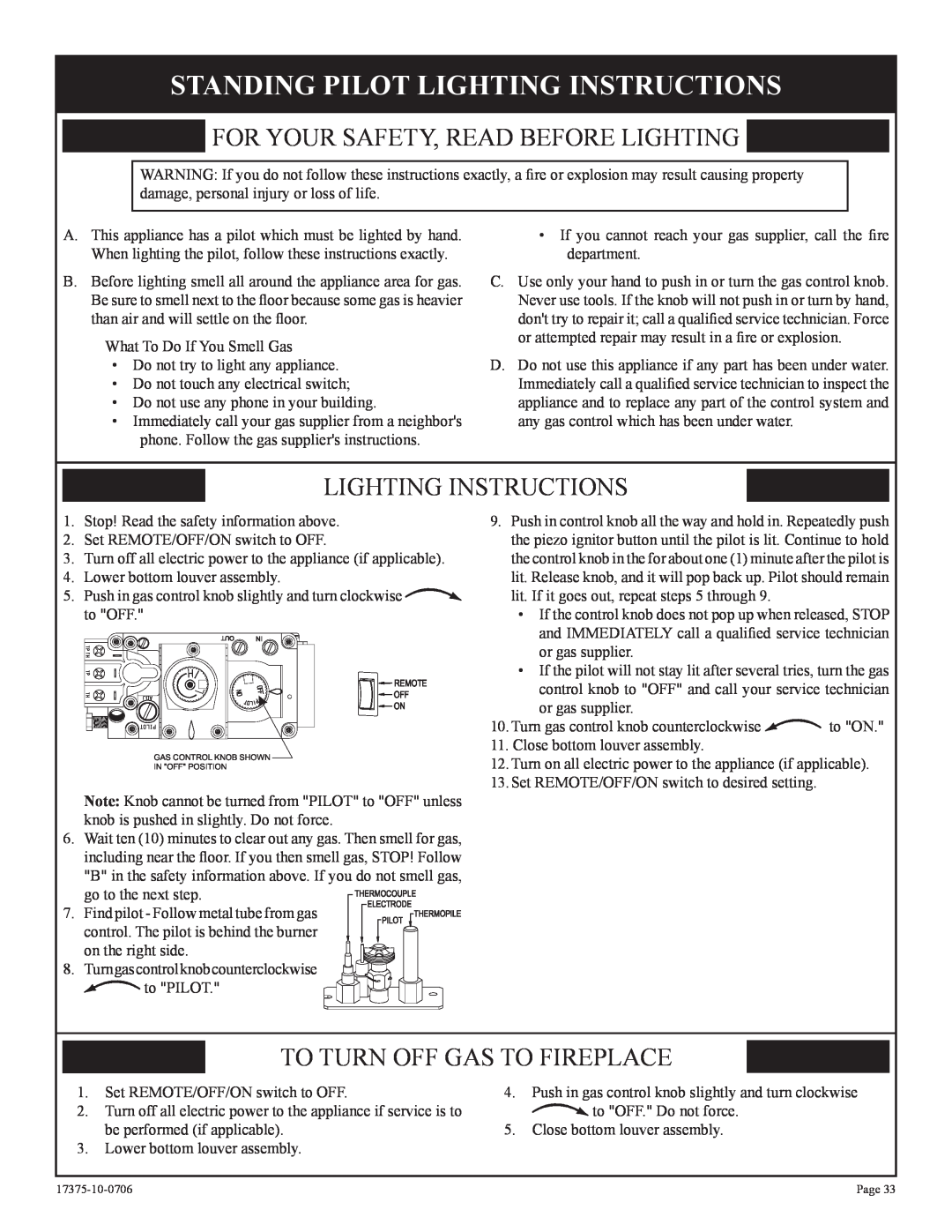Empire Comfort Systems DVP42FP3(0,1,2,3)(N,P)-1 Standing Pilot Lighting Instructions, To Turn Off Gas To Fireplace 