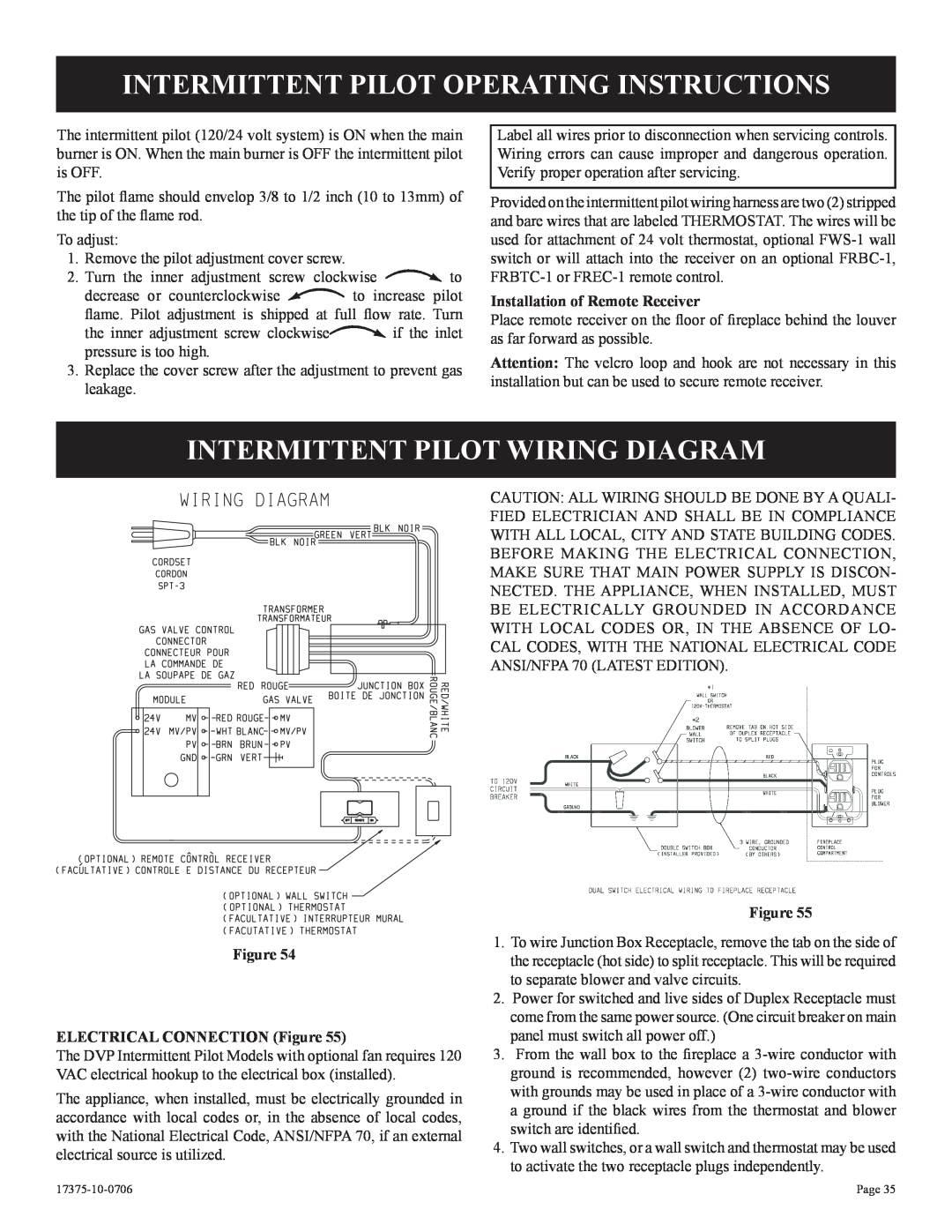Empire Comfort Systems DVP48FP9(1,3)(N,P)-1 Intermittent Pilot Operating Instructions, Intermittent Pilot Wiring Diagram 