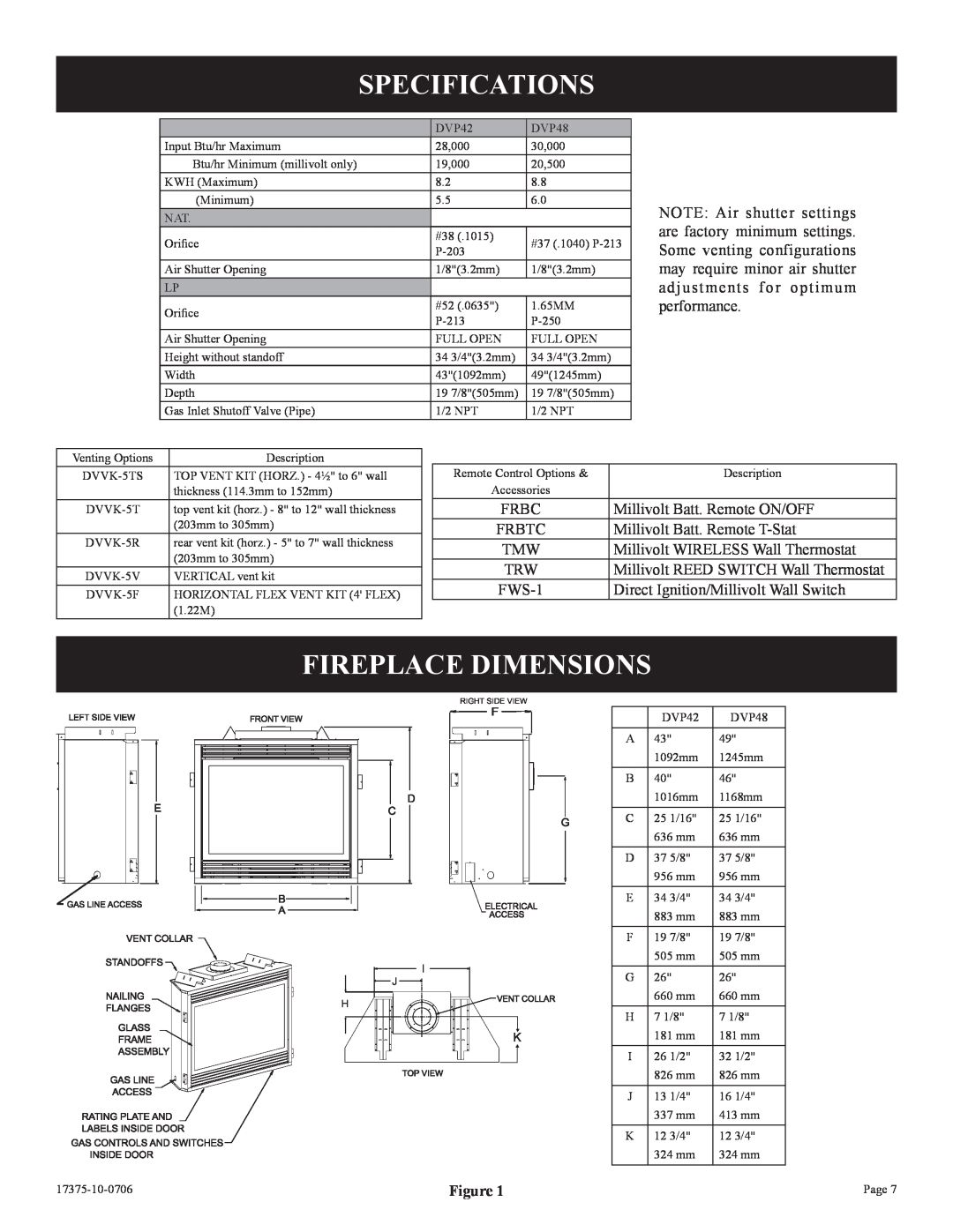 Empire Comfort Systems DVP48FP7(0,1,2,3)(N,P)-1, DVP48FP3(0,1,2,3)(N,P)-1 Specifications, Fireplace Dimensions 