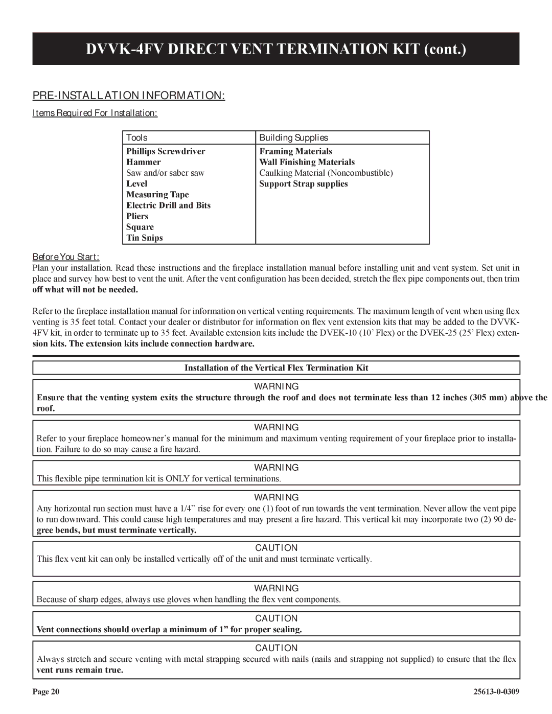 Empire Comfort Systems DVX36DP31(N,P)-1 Items Required For Installation Tools Building Supplies, Before You Start 