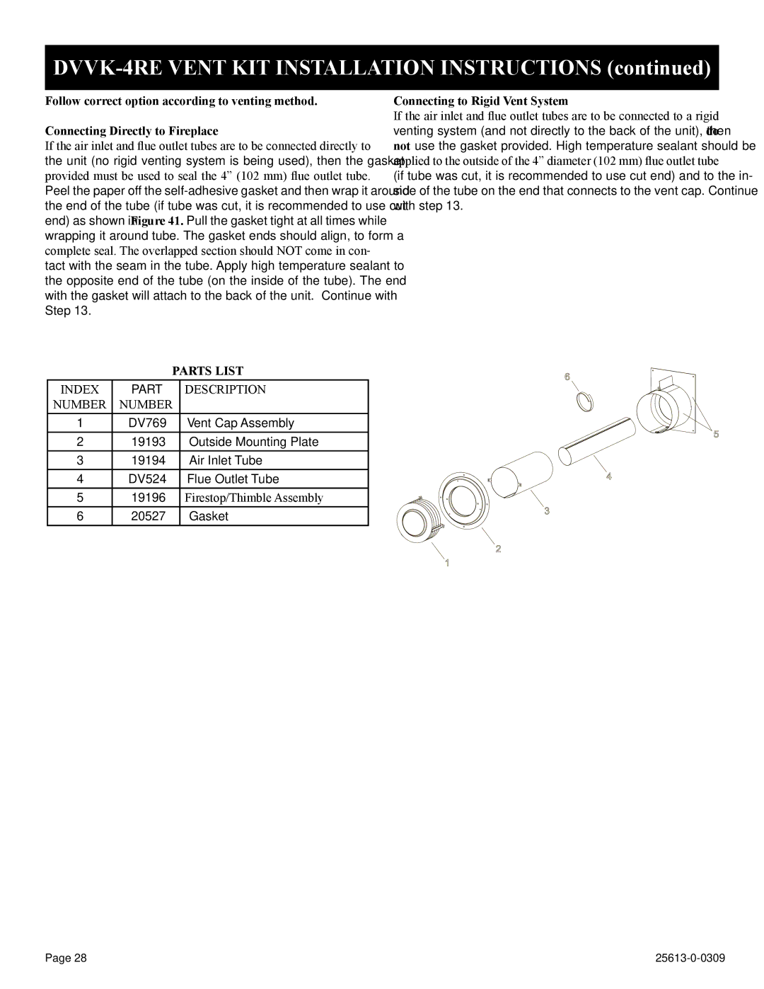 Empire Comfort Systems DVX42DP71(N,P)-1, DVX36DP91(N,P)-1, DVX36DP71(N,P)-1 Parts List, Connecting to Rigid Vent System 