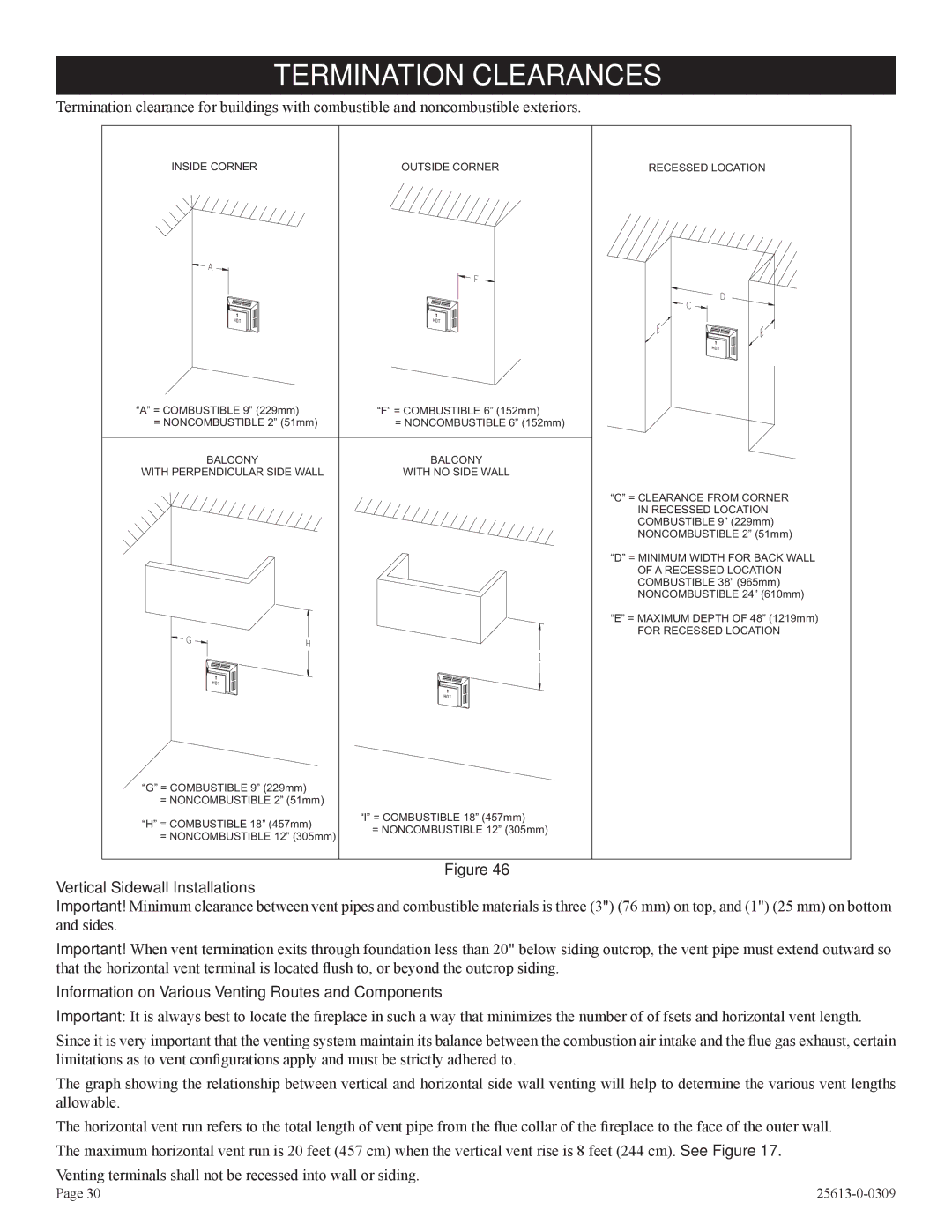 Empire Comfort Systems DVX36DP91(N,P)-1, DVX36DP71(N,P)-1 Termination Clearances, Vertical Sidewall Installations 