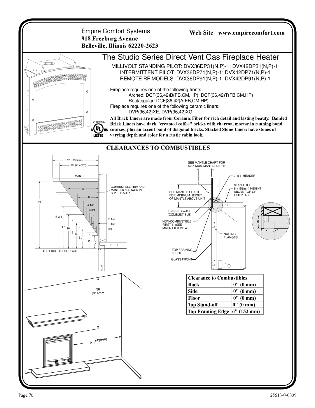 Empire Comfort Systems DVX42DP71(N,P)-1, DVX36DP91(N,P)-1, DVX36DP71(N,P)-1 Studio Series Direct Vent Gas Fireplace Heater 