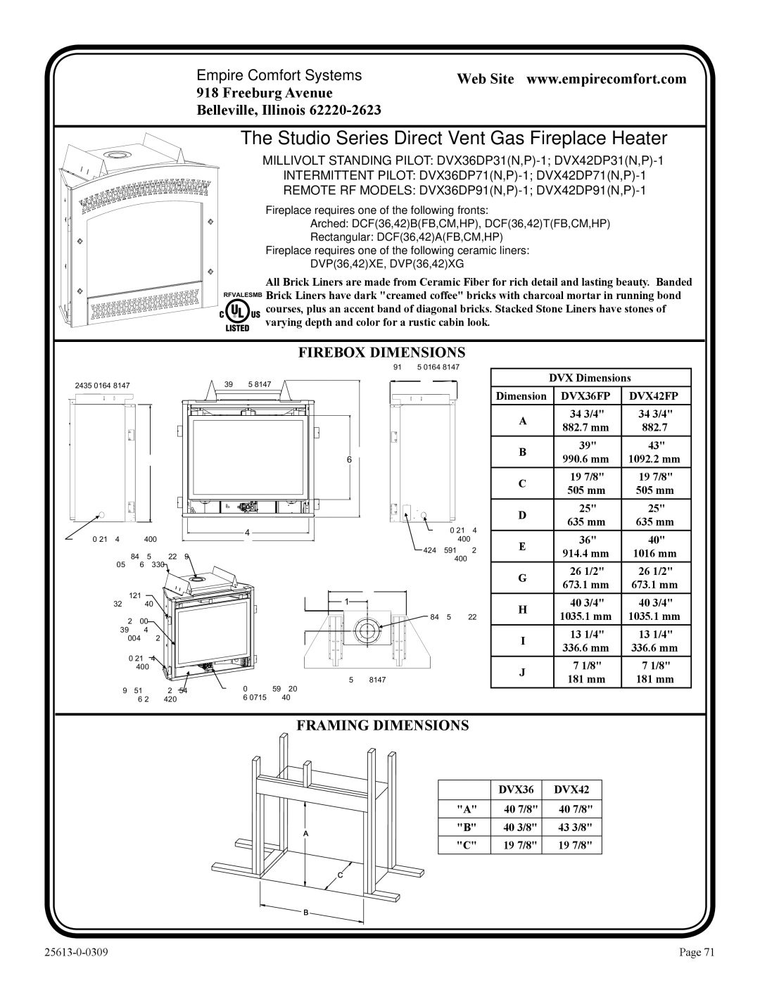 Empire Comfort Systems DVX42DP31(N,P)-1, DVX36DP91(N,P)-1, DVX36DP71(N,P)-1, DVX36DP31(N,P)-1 Firebox Dimensions 