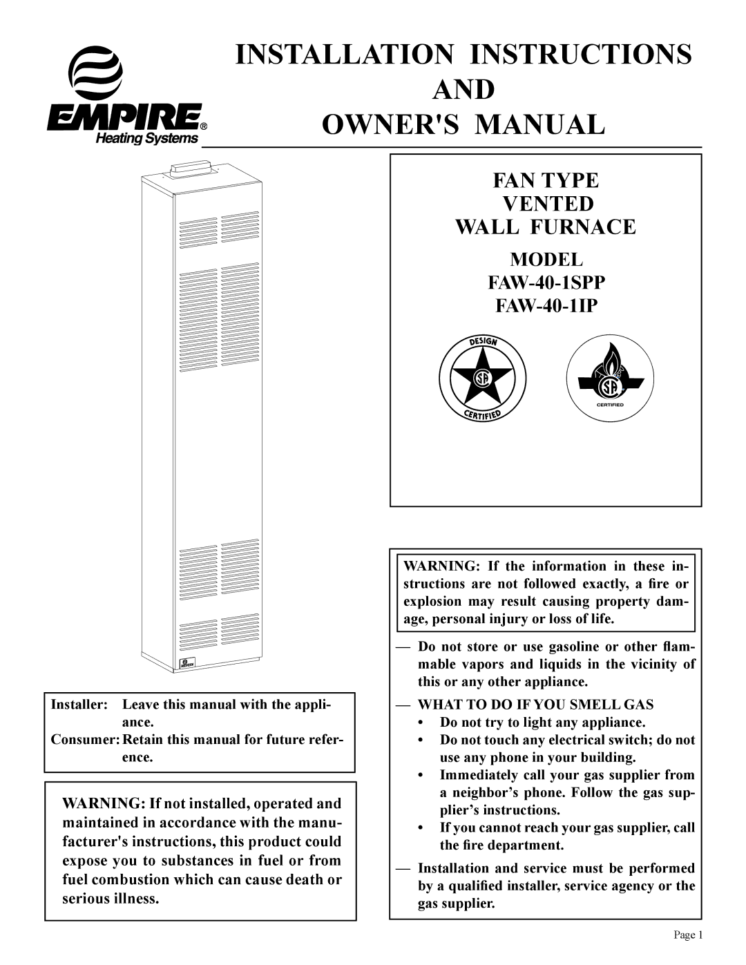 Empire Comfort Systems FAW-40-1SPP, FAW-40-1IP installation instructions Installation Instructions 