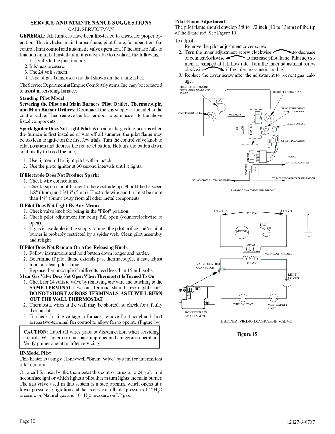 Empire Comfort Systems FAW-40-1IP, FAW-40-1SPP Pilot Flame Adjustment, If Electrode Does Not Produce Spark, IP-Model Pilot 