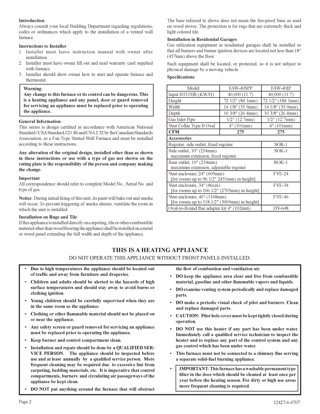 Empire Comfort Systems FAW-40-1IP Introduction, Instructions to Installer, Installation on Rugs and Tile, Speciﬁcations 