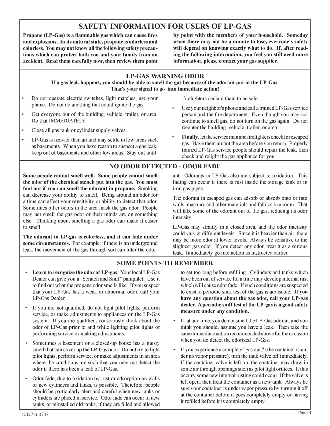 Empire Comfort Systems FAW-40-1SPP, FAW-40-1IP installation instructions Safety Information for Users of LP-GAS 