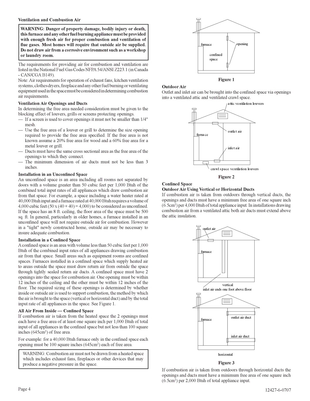 Empire Comfort Systems FAW-40-1IP Ventilation and Combustion Air, Ventilation Air Openings and Ducts, Outdoor Air 