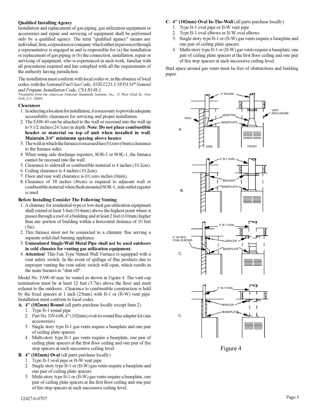 Empire Comfort Systems FAW-40-1SPP, FAW-40-1IP installation instructions Qualiﬁed Installing Agency, Clearances 