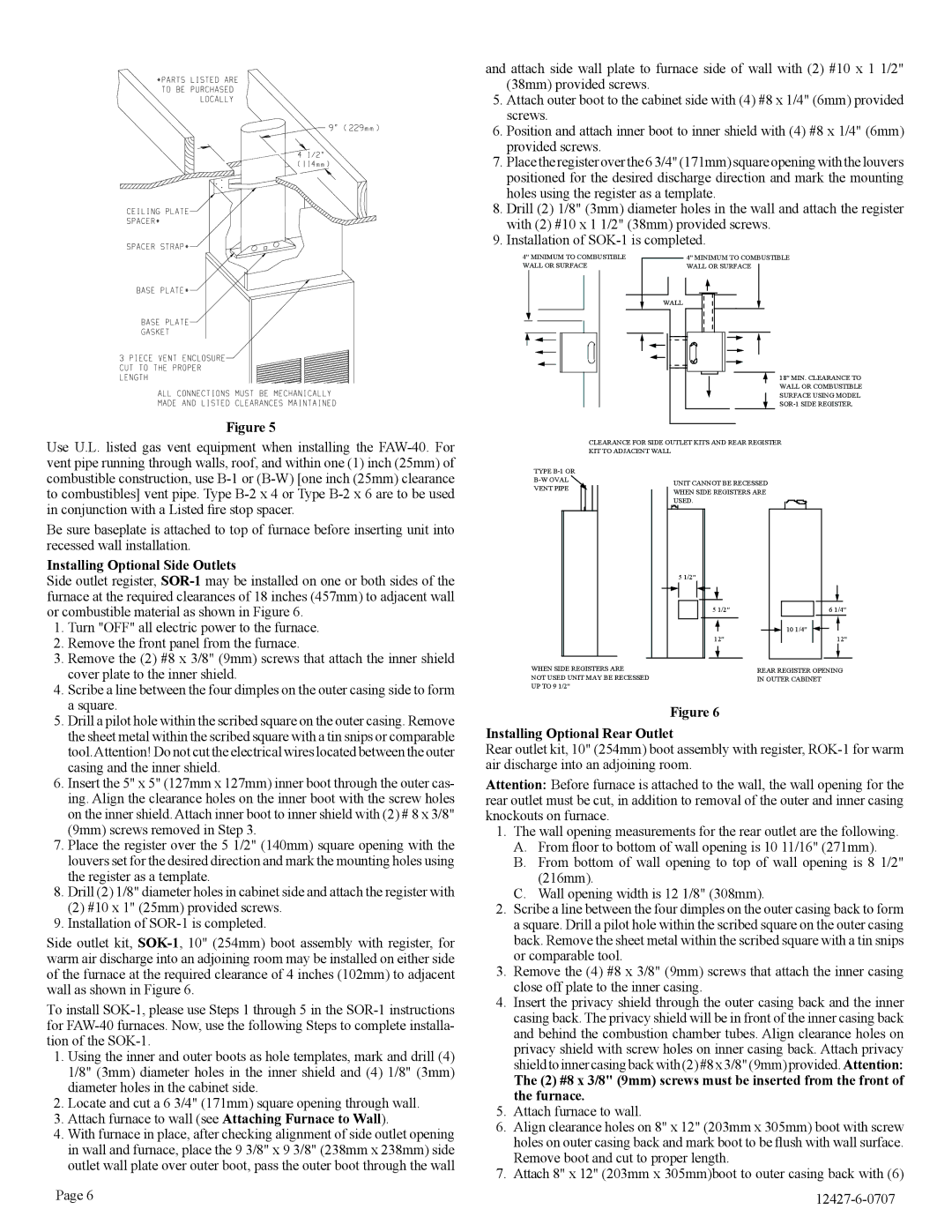 Empire Comfort Systems FAW-40-1IP, FAW-40-1SPP Installing Optional Side Outlets, Installing Optional Rear Outlet 