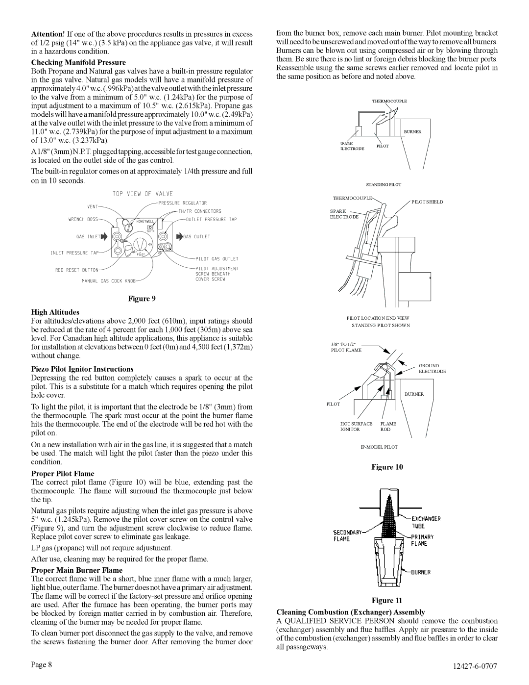 Empire Comfort Systems FAW-40-1IP Checking Manifold Pressure, High Altitudes, Piezo Pilot Ignitor Instructions 