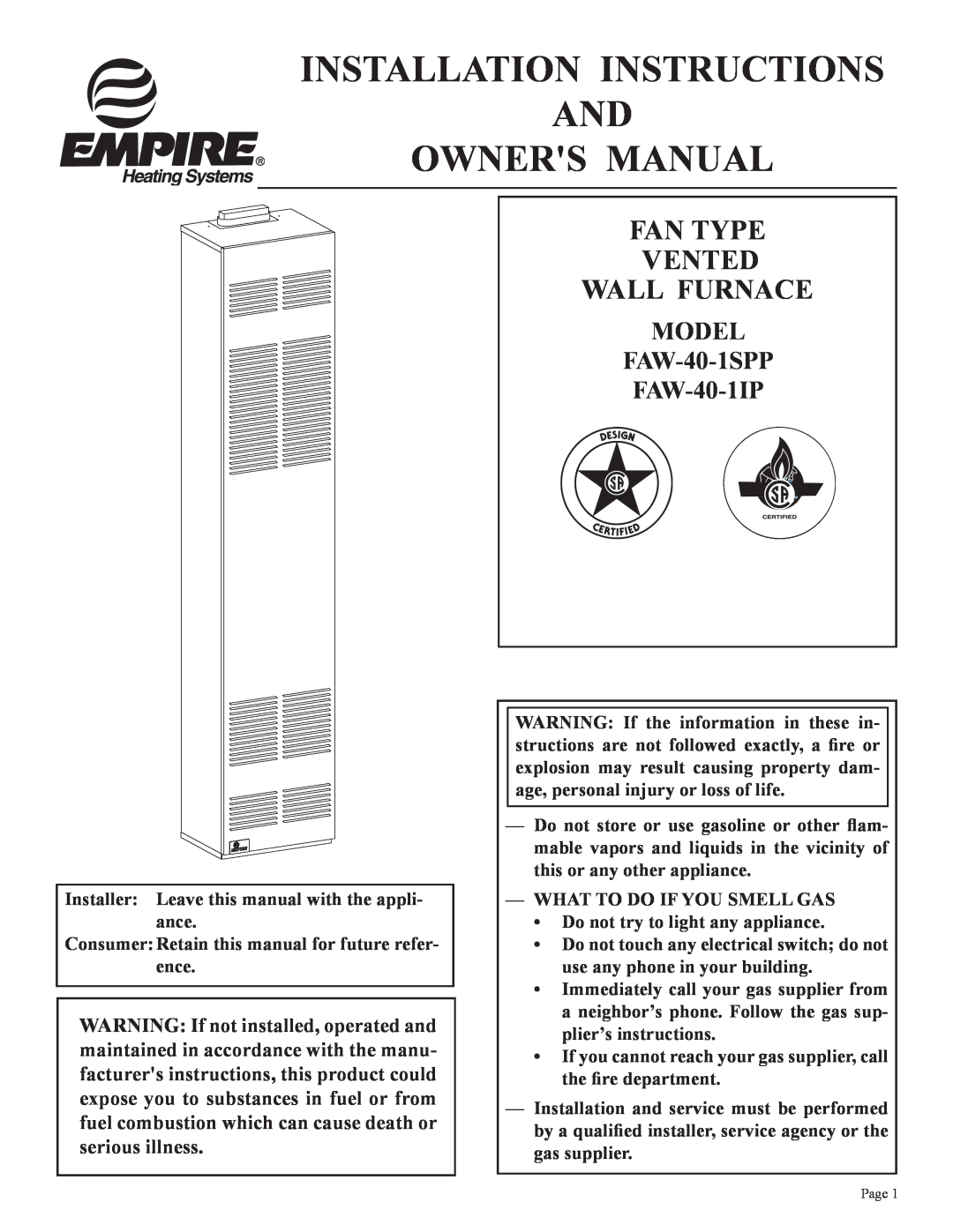 Empire Comfort Systems installation instructions Fan Type Vented Wall Furnace, MODEL FAW-40-1SPP FAW-40-1IP 